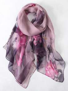 1条女士复古印花轻薄围巾，透气防晒，适合日常佩戴 - 紫色 - 查看 2