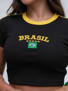 Baby Look Blouse Brazil Embroidered Stars Ribbed World Cup 2026 Vibe Contrasting Waist Beach Vacation - 黑色 - 查看 1