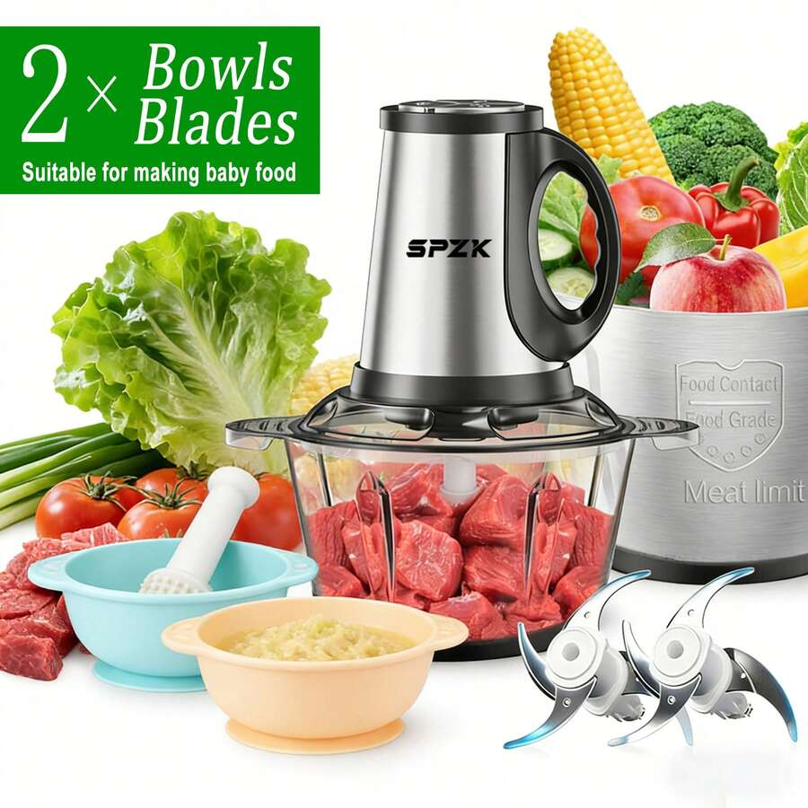 SPZTJK Food Processor With 2 Bowls For Home And Kitchen Use, 2L Electric Food Chopper Meat Grinder For Meat/Vegetable/Fruits/Nuts With 2 Sets Bi-Level Blade, Meat Grinder, Electric Dough Mixer - Bạc - Xem 1