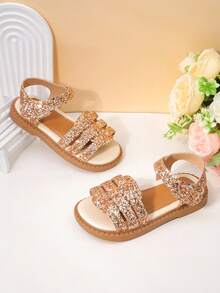 1 Pair Girls' Shoes With Gold Sparkling Rhinestones, Ankle Strap & Open Toe, Flat Design, Elegant & Cute, Suitable For Casual Daily Wear, Beach & Holidays - Gold - View 5