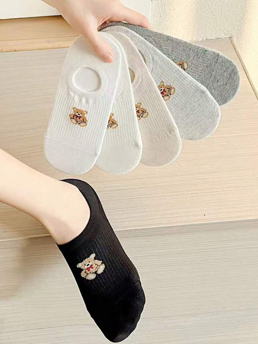 5双女士小熊图案隐形袜，透气纯棉，适合搭配运动鞋 - 彩色 - 查看 1