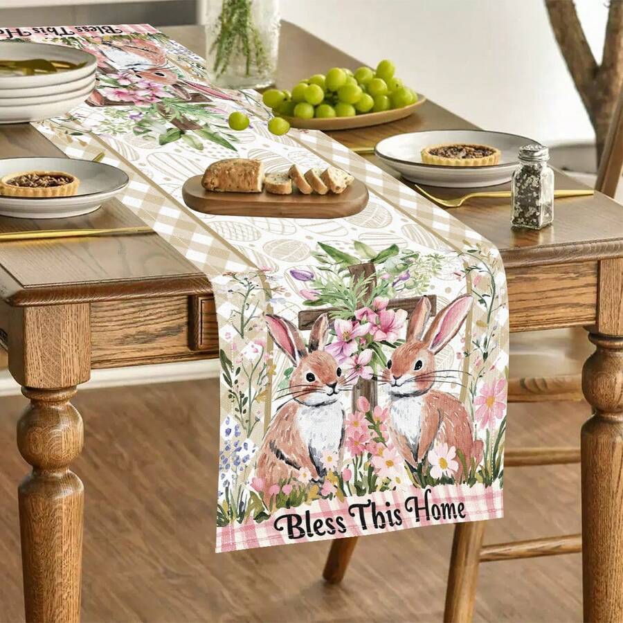 1 Stück Oster-Hase Kreuz-Muster bedruckter Tischläufer, Ostergeschenk, Osterdekoration, Polyester, rechteckig, Feiertags-Tischdekorationsstoff, Heimdekoration, Küchen-/Esszimmertischdekoration, Raumdekoration, Tischläufer - Verschiedenfarbig - Übersicht 1