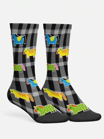 酷炫3D印花男士袜子 - 街头风袜子，造型独特，马年生肖，寓意吉祥，节日氛围浓厚，适合新年、农历新年、春节等各种场合，色彩缤纷，充满趣味图案，经久耐穿，情侣袜，嘻哈时尚袜子，日常、假日、派对穿着皆宜，也是馈赠佳品。