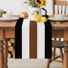 Retro Simple Striped Art Table Runner, Brown Black White Contrast Linen Table Runner For Restaurant, Kitchen, Vanity - Multicolor - View 2