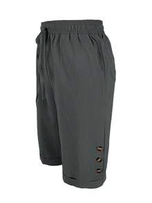 Jisfaneya Solid Color Elastic Waist Drawstring Pocket Front Pleated Fabric Straight Leg Pants, Casual Versatile Capri Pants For Spring/Summer Holiday And Daily Wear - Dark Grey - View 3
