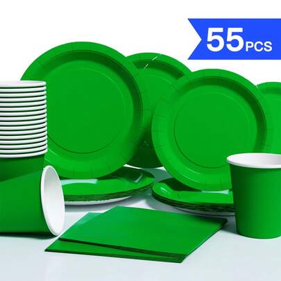 10pcs Green Disposable Plate, Napkin And Cup Set, Plates, Napkins And Cups Party Supplies, Suitable For 10 Guests, Disposable Paper Plates Party Tableware For Birthday, Wedding, Party, Family Picnic