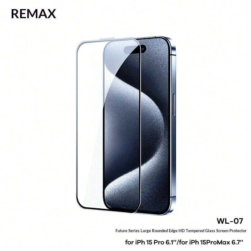REMAX Future 曲面系列高清钢化玻璃屏幕保护膜 WL-07，超高清钢化玻璃，9H 硬度，护眼防眩光功能，采用高硬度钢化玻璃制成，抗冲击、防刮擦、防碎裂，显示清晰，完美适配 iPhone 15/16、iPhone 15 Pro、iPhone 15 Plus/16 Plus、iPhone 15 Pro Max、iPhone 16 Pro/17 Pro、iPhone 16 Pro Max、iPhone 17 Pro、iPhone 17 Air、iPhone 17 Pro Max。