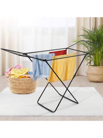 Een zwart opvouwbaar kledingrek met X-vormige poten voor stabiliteit en duurzaamheid - ultralicht, grote capaciteit, kan een hele wasmachine vol wasgoed drogen, opvouwbaar, geschikt voor kleding van alle maten, geen wasknijpers nodig.