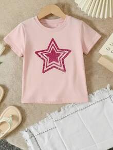 Set de 2 piezas de camiseta de manga corta y pantalones cortos con estampado de estrellas lindo para niñas, verano - Rosa - Ver 3