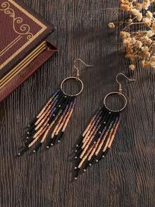 女士时尚垂坠耳环，波西米亚串珠耳环，哥特风，复古风，黑黄紫配色，流苏吊坠，手工玻璃珠编织图案耳环，铜质耳环，流苏耳环，女士耳环，适合派对、日常、度假佩戴 - 黑色 - 查看 2