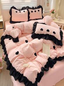3pcs Pink Heart Embroidered Bedding Set, Korean Queen Size Duvet Cover, 1pc Soft Ruffle Duvet Cover And 2pcs Pillow Shams - Baby Pink - View 3