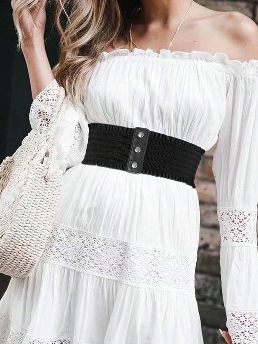 1pc Women's Basic Casual Black Simple 3-Button Adjustable Fitted Waist Belt, Elastic Waistband Suitable For Daily Commute, Dining, Party Matching - Black - View 1