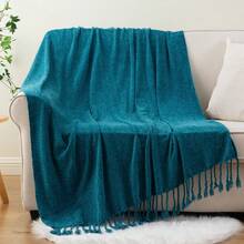 Soft Cozy Chenille Throw Blanket With Fringe Tassels, Teal Blue Blanket Throw For Couch Bed Sofa, Lightweight Knit Throw Blanket For Home Decor, 50"X60" - Teal - 查看 7