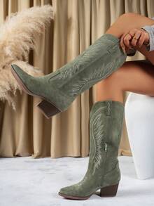 Western Style Embroidery Point Toe Chunky Heel Boots  Western    Side Zipper    Holiday - màu xanh lá - Xem 1
