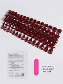 150片（5张）酒红色杏仁形美甲贴片，旨在打造完美指甲造型。采用优质亚克力材料制成，中等长度，粘合力强，贴合度高。每套包含1张胶水贴片和1个指甲锉。适合女士和女孩日常佩戴、工作、派对及各种场合。 - 酒紅色 - 查看 4