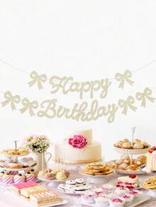 闪亮“生日快乐”拉旗，香槟金领结生日快乐横幅，生日派对装饰拉旗，领结生日主题拉旗，领结生日派对装饰 - 香檳金 - 查看 2