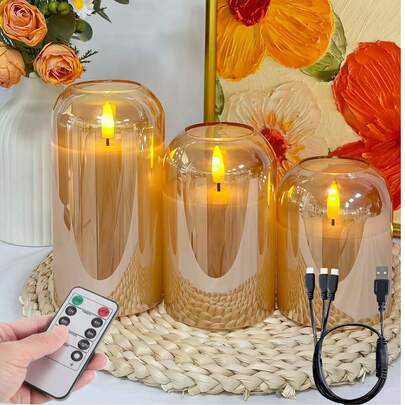 3个装LED无焰蜡烛灯，带定时器/遥控器，电池供电，祈祷蜡烛灯，无焰无味，优质弧形灯罩，适用于家庭、卧室、婚礼、餐厅、花园、求婚、圣诞节、万圣节（金色弧形款）