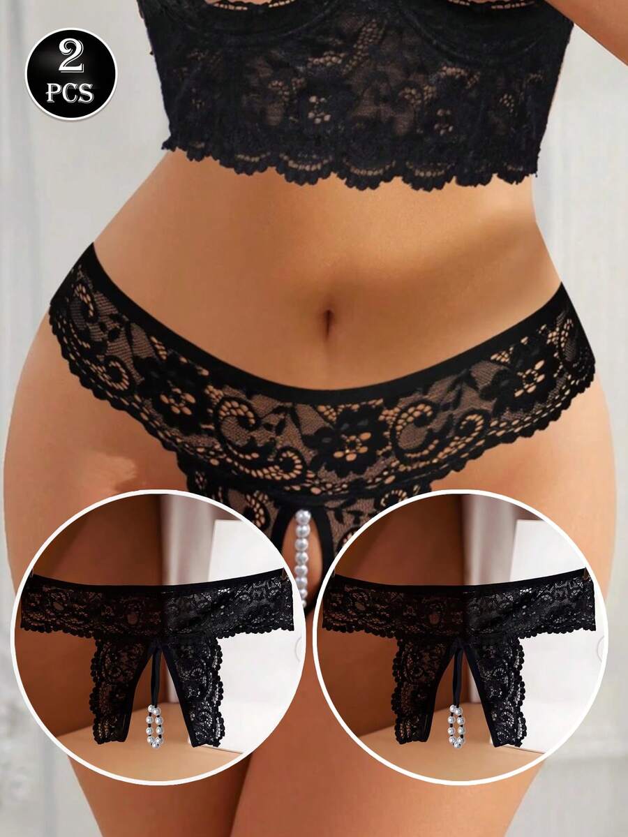 2 chiếc quần lót nữ màu đen xuyên thấu gợi cảm, phối ren, đáy hở, đính ngọc trai. - màu đen - Xem 1