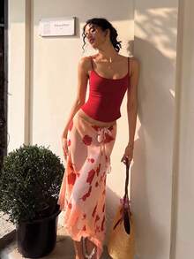 Yuyi服装 花卉玫瑰蝴蝶印花 满版印花叶子图案 波西米亚荷叶边系带蝴蝶结雪纺沙滩花园夏季女裙 - 粉色 - 查看 4