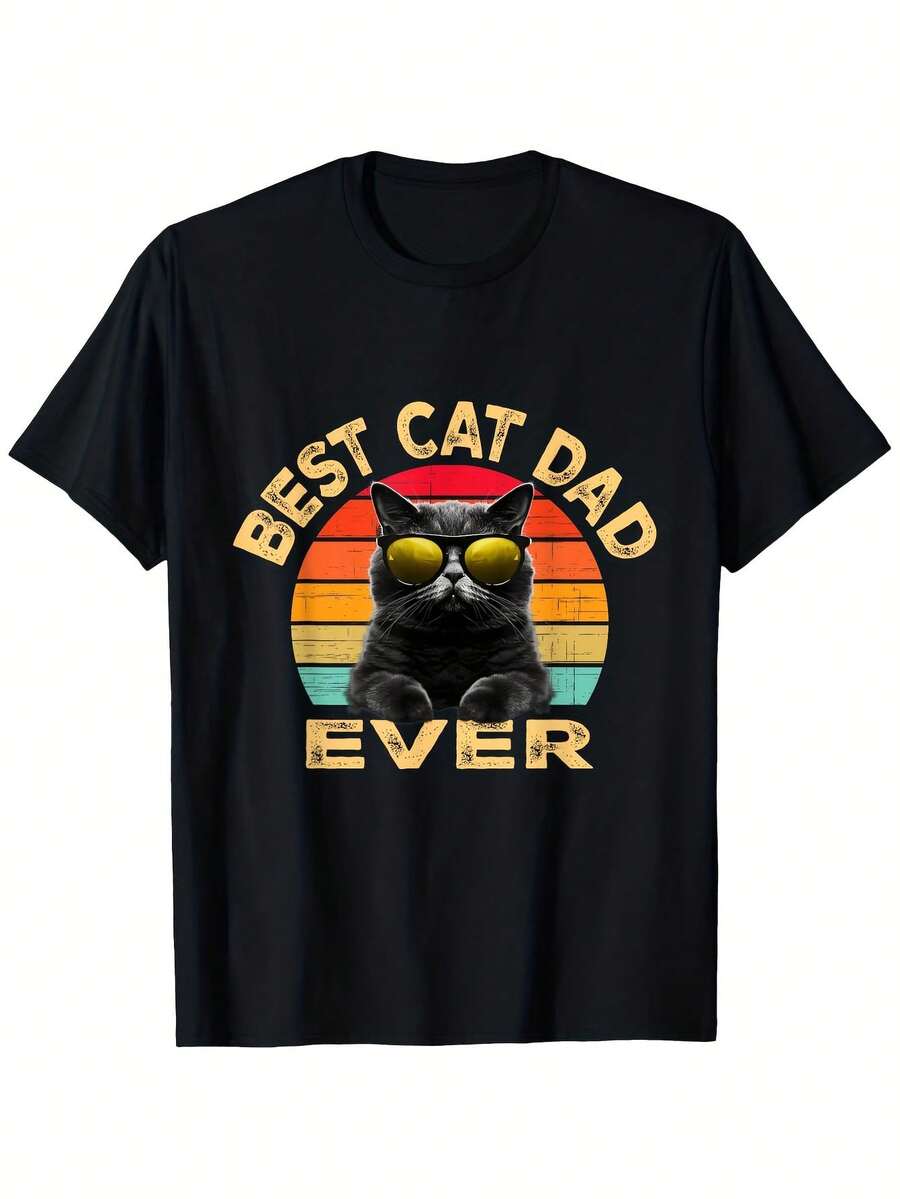 Men's Vintage Cat Dad Graphic T-Shirt - Best Cat Dad Ever Slogan & R 80s Rainbow Cat Design, Black Crewneck Short Sve Casual Tee for Cat Lovers, SpringFall Casual Attire, I Gift fo - Negro 25 - Ver 1