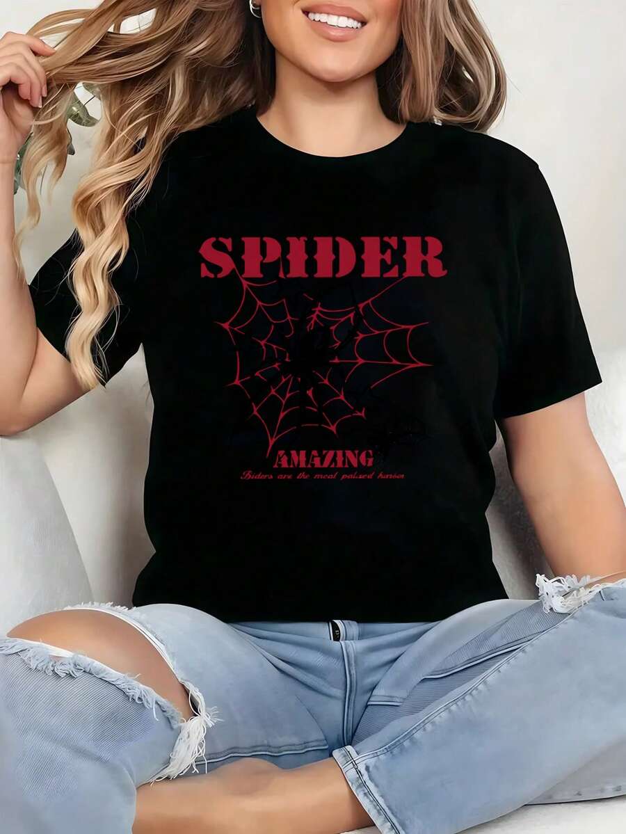 Camiseta de araña, telaraña, grunge, streetwear,blusas elegantes dama,tops,parejas,blusas curvy mujer. - Negro - Ver 1