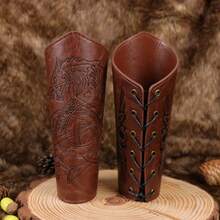 2pcs Textured PU Leather Arm Cuffs, Adjustable Medieval Cosplay Wrist Wraps - A - View 5
