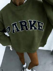 2026 LC Unisex Casual PARKE Letter Print Loose Pullover Sweatshirt, Encountering Lazy Fashion. Casual Daily Wear,Winter Clothes Women,Clothes,Hoodie,Tops,Spring Break,Long Sleeve Tops WomenCasual Daily Wear,-Shirt,Retro-Shirt,Clothing Autumn And Winter,Male And Female Neutral Short Sleeves,Clothes Plus Size,Sweatshirt,Clothes Women,Tops,New Year's Clothing,Womens Tops,Spring,Summer Tops Women,Spring Clothes,Vacation Outfits Women,Valentines Gifts,Summer Outfits - Green - View 7