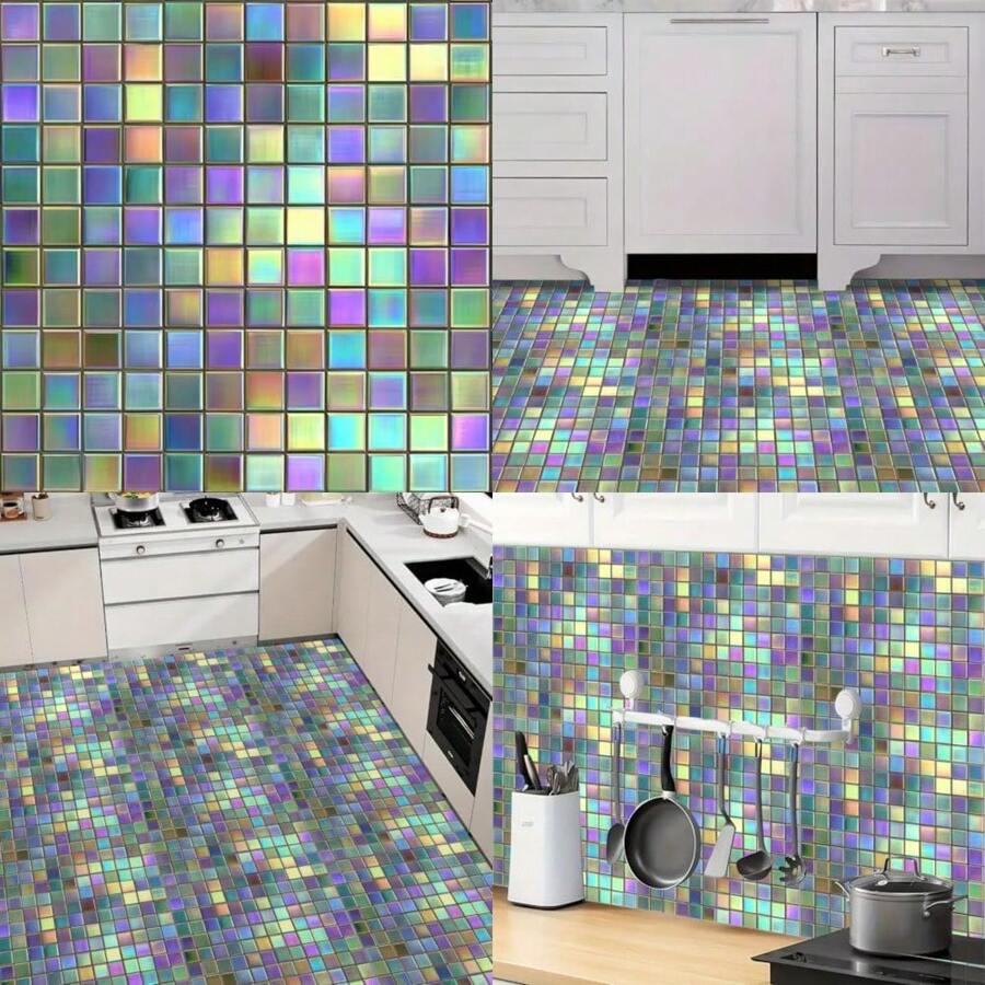 26-NEW-10PCS 12x12 Inch Peel And Stick Floor Tiles Self Adhesive Vinyl Flooring Tile Iridescent Mirror Mosaic Stickers Removable Wall Decals Bathroom Vanity Bar Studio Decoration DIY Home Makeover - 彩色 - 查看 1