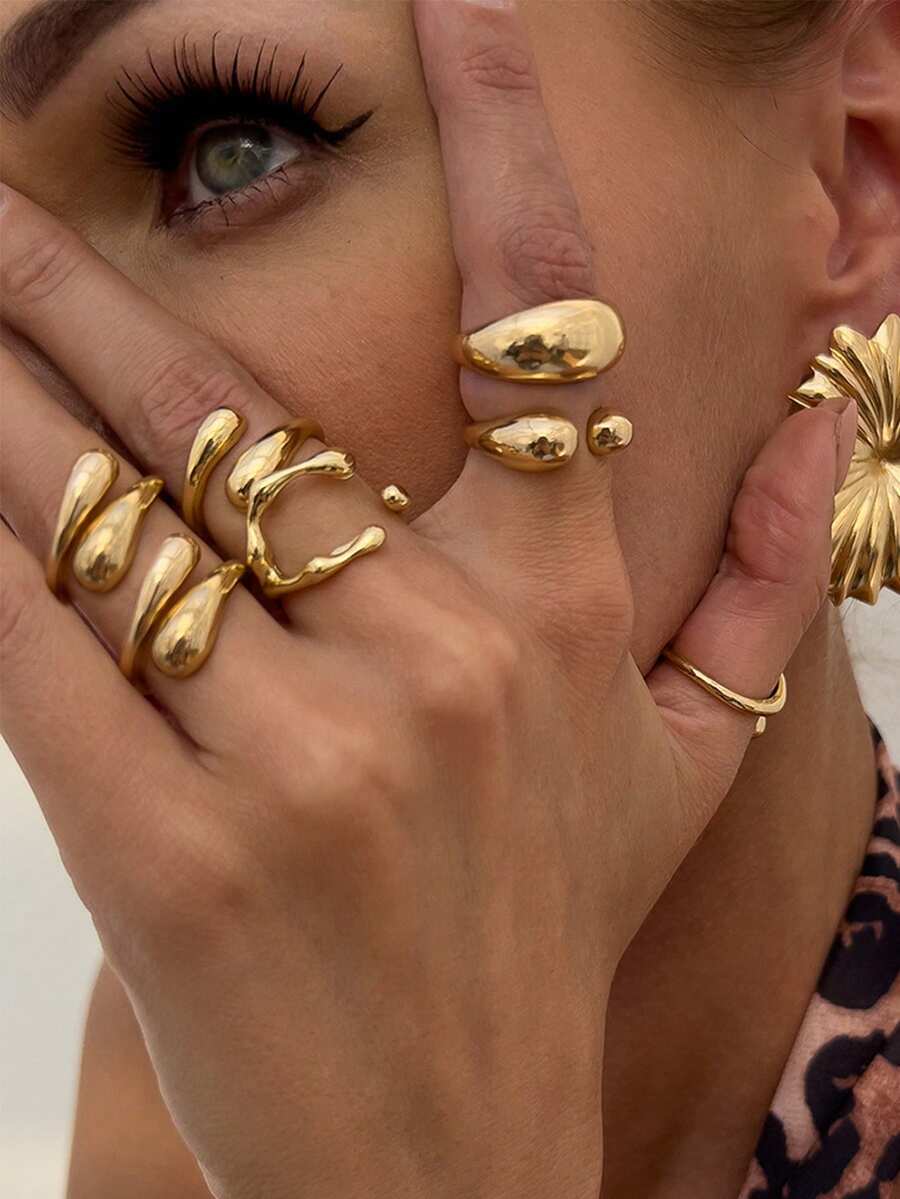 6pcs/Set Liquid Metal Teardrop Hug Joint Rings, Minimalist Design Adjustable Finger Rings Set, Suitable For Party, Gift, Daily Wear - Gold - View 1