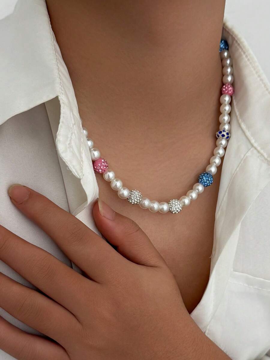 1pc Hip-Hop Style Faux Pearl Studded Crystal Beaded Necklace, Retro Rock Design, Versatile Street Style Necklace Gift For Men - Necklace - View 1