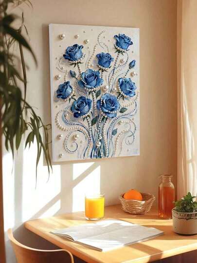 New Pearl Painting Blue Rose Bouquet Theme Frameless DIY Handmade Sticky Diamond Creative Diamond Painting Kit, Suitable For Bedroom Decoration, Living Room Hanging Paintings, Room Decoration, Artwork, Birthday Gifts For Friends, Christmas, New Year, Valentine's Day, Holiday Gifts Full Of Novelty.