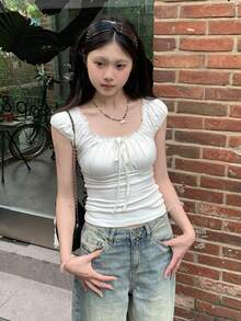 Áo thun ngắn tay cổ vuông, viền ren, thiết kế bèo nhún, buộc dây, kiểu dáng thường ngày. - trắng - Xem 3
