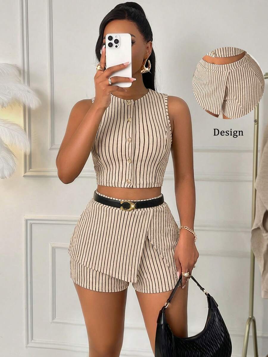 AIJ Amarilo Women's Khaki Elegant 2-Piece Set: Striped Sleeveless Crop Top + Asymmetric Belted Shorts, Summer Vacation & Holiday Outfit - Apricot - View 1