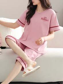1 Set Damen Soft & Bequeme Kurzarm Pyjama Set, Nachtwäsche - Pink - Übersicht 3