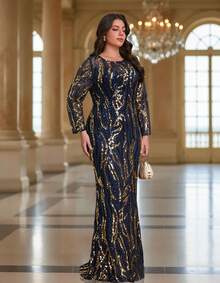 Romagic Elegant Long Sequin Evening Gown, Round Neck, Black & Navy Blue - Navy Blue - View 2