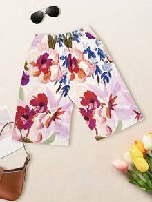 时尚轻盈优雅印花休闲度假百搭修身衬衫，适合户外、居家、旅行、办公穿着，女士夏季新款印花休闲艺术度假风沙滩短裤 - 紫色 - 查看 5