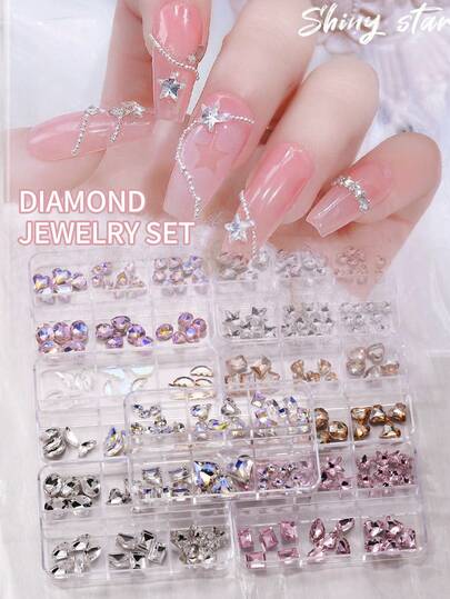 1 Box Nail Art Rhinestones Decorations, Including Flat, Pointed, Diamond, Oval, Heart, Snowflake, Square, Pentagram, Irregular Crystal Rhinestones, 6 Compartments, Super Shiny Nail Gems, Nail Art Supplies, Nail Jewelry