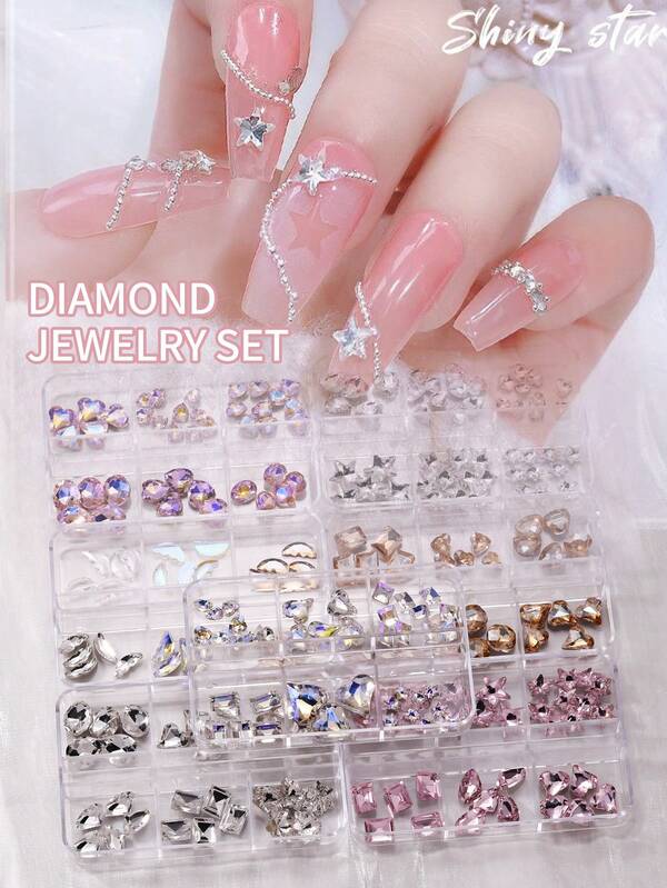 1 caja de decoraciones de diamante de imitación para arte de uñas, que incluye diamante de imitación planos, puntiagudos, en forma de diamante, ovalados, en forma de corazón, copo de nieve, cuadrados, pentagramas e irregulares, con 6 compartimentos, gemas de uñas súper brillantes, suministros para arte de uñas, joyería para uñas