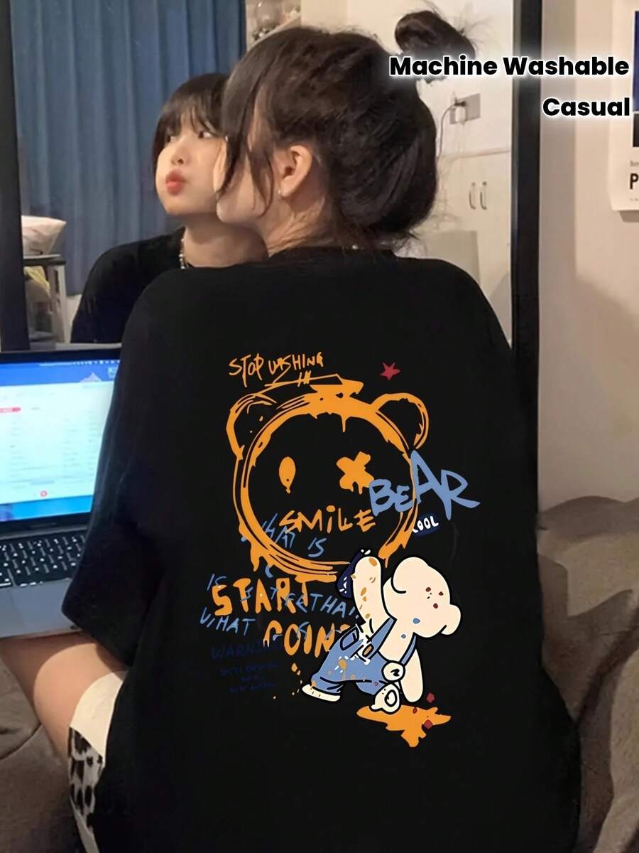 T-shirt estampada gráfica casual de algodón unisex negra lavable en máquina para jóvenes moda urbana camiseta cómoda y moderna ideal para uso diario eventos informales Talla única Negra camiseta 2023 - Negro - Ver 1