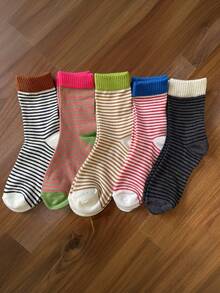 3/5/6/8/10双装女士休闲条纹中筒袜，复古风格，撞色中筒袜，四季皆宜，适合办公室休闲穿着 - 彩色 - 查看 6