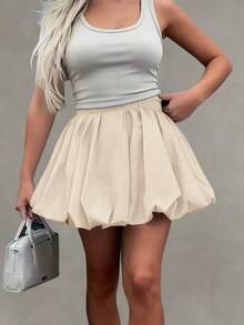 Solstice Apparel 泡泡褶高腰A字迷你裙，杏色梭织面料，通勤、日常、约会、春夏、情人节 - 杏色 - 查看 9