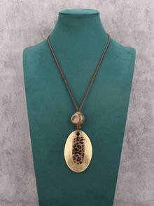 1pc Minimalist Oval Alloy Necklace, Exaggerated Beaded Necklace, Brown Wax Rope Long Necklace, Valentine's Day Party Gift, Gift For Girlfriend/Boyfriend - Yellow Gold - View 9