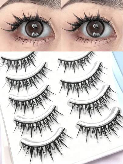 5 Pairs Cartoon Wet Look False Eyelashes - Full Upper Lash. Same As In Beauty Stores. Thick, Jet Black, Durable.