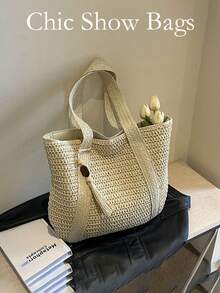 这款简约纯色大容量通勤草编包，采用艺术感十足的宽编织设计。这款手工编织的度假风沙滩包可作为单肩包使用。它散发着轻松休闲的气息，非常适合度假，并且拥有大容量，可以装下泳衣、遮阳帽等物品。此外，它也适合文化之旅，因为它轻便易携，能够满足个人物品的收纳需求。 - 米色 - 查看 9
