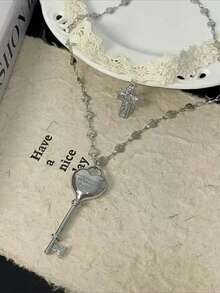 2件套 Y2K 白色蕾丝交叉带钥匙项链，女士甜美酷炫爱心双层项链，时尚派对饰品礼物 - 項鍊 - 查看 5