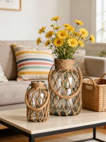1Pc Rustic Glass Mason Jars With Jute Twine, Decorative Vases For Dried Flowers, Country Style Home Decor, Wedding Centerpieces, DIY Crafts, And Candle Holders Vintage Brown Neutral Tone Decorative Vase Ornament Set, Rustic Style Textured Home Accent Display - Brown - View 4