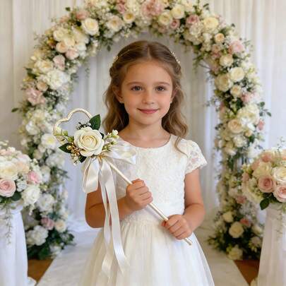 Wedding Fairy Sticks, Elegant Artificial Flowers Ribbon Wands Magic Stick Decoration Lawn Party Favor
