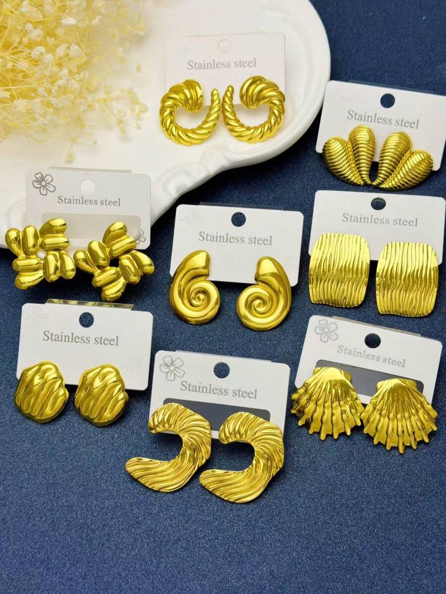 8-Piece Set - (Random Styles) Stainless Steel Gold Earrings, Elegant Style, Hypoallergenic Stainless Steel Earring Set, The Perfect Gift For Female Friends. - Gold - View 1