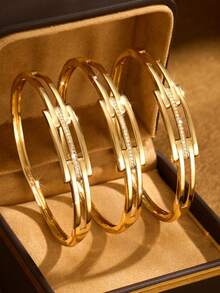 1/2/3 Pieces 18K Golden Plated Copper Elegant Bracelet | Simple Korean Style, Synthetic Zirconia, Versatile Daily , Excluding Box - Square Buckle Bracelet - View 9