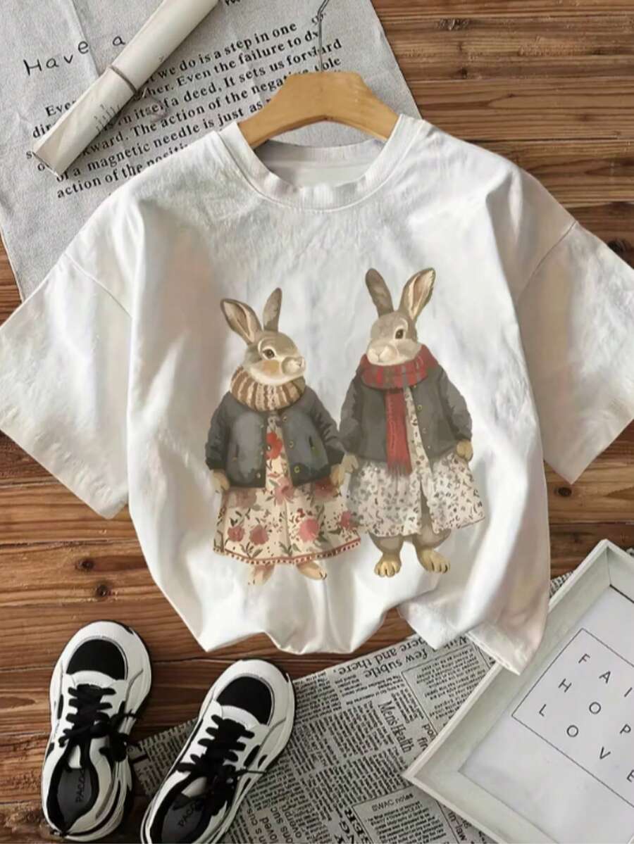 Playera Casual de Mujer Cuello Redondo, Mangas Cortas, T-shirt Estampado de Conejos, Pascuas, Easter Hecho en Mexico - Blanco - Ver 1
